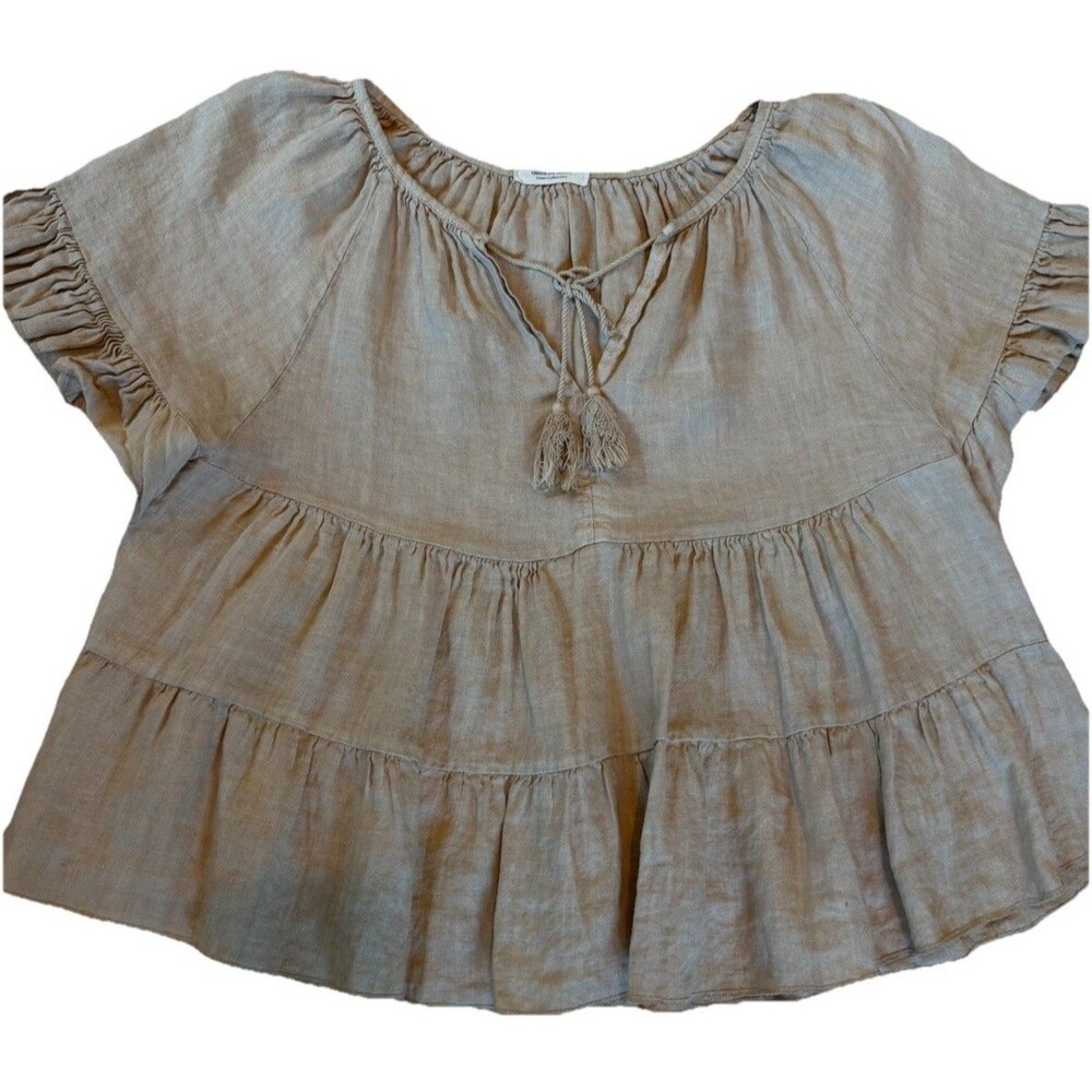 Women’s XL Chocolate Linen Collection 100 Linen Boho Tiered Peasant Blouse Taupe